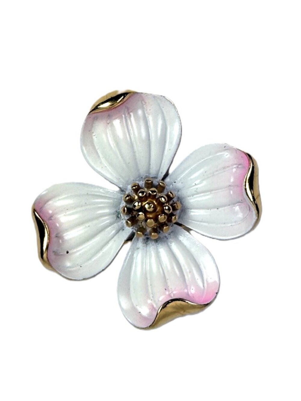 Crown Trifari Enamel Dogwood Blossom Brooch Gold Tone Floral Pin Vintage Jewelry